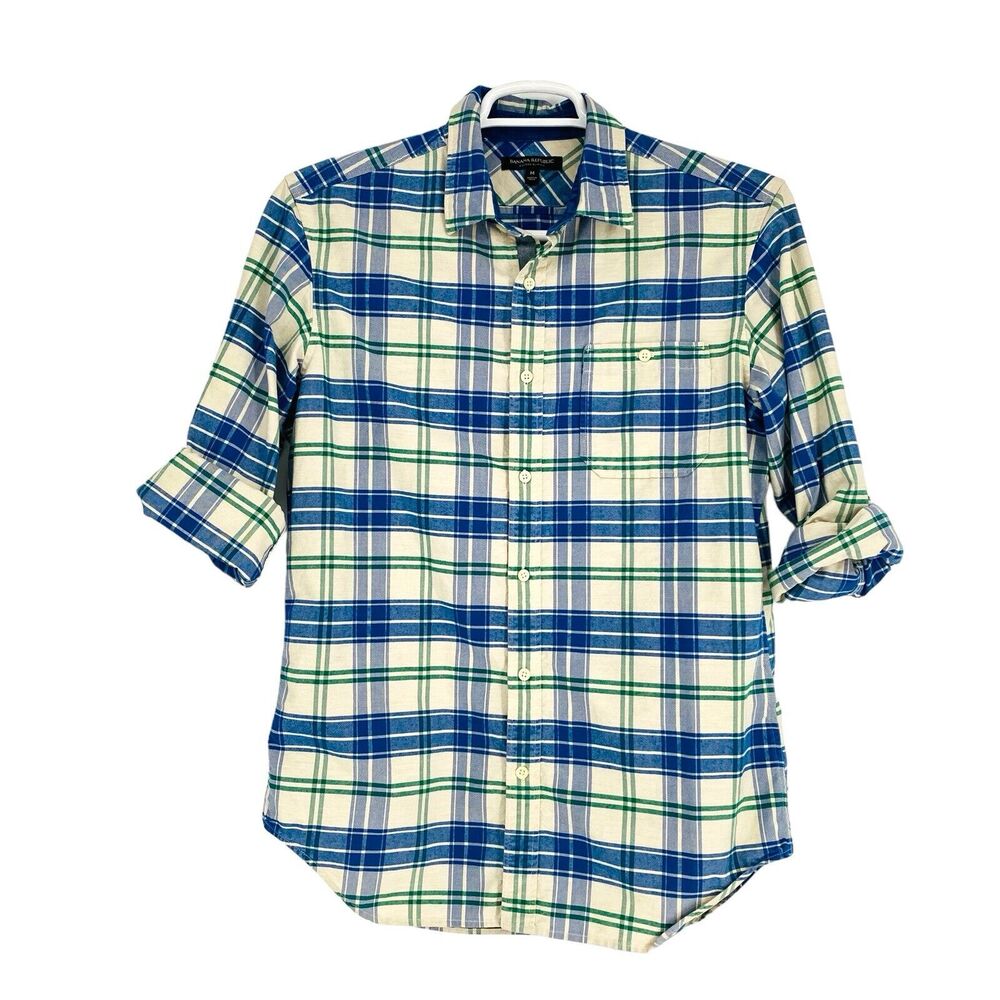 Banana Republic‎ Oxford Slim Fit Blue Green Plaid Corduroy Trim Mens Shirt M